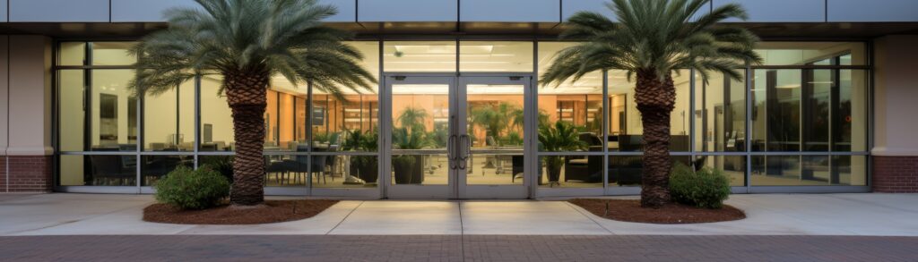 The front entrance of a business with commercial doors.